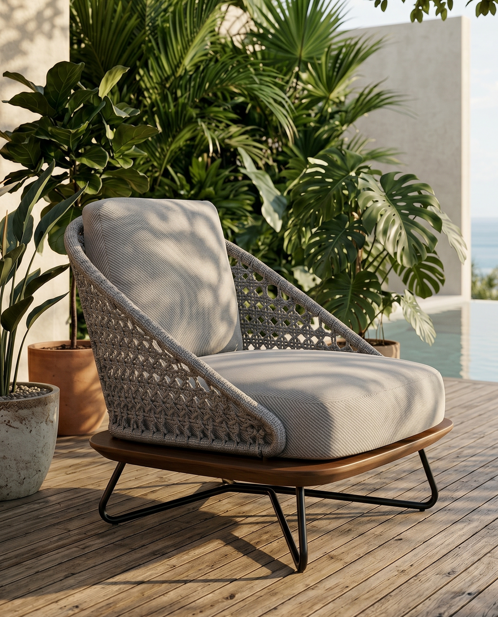Modern Woven Rope Lounge Chair with Wood Platform Base - Minimalist Braided Accent Chair - Contemporary Japandi Armchair for Living Room, Sunroom & Bedroom