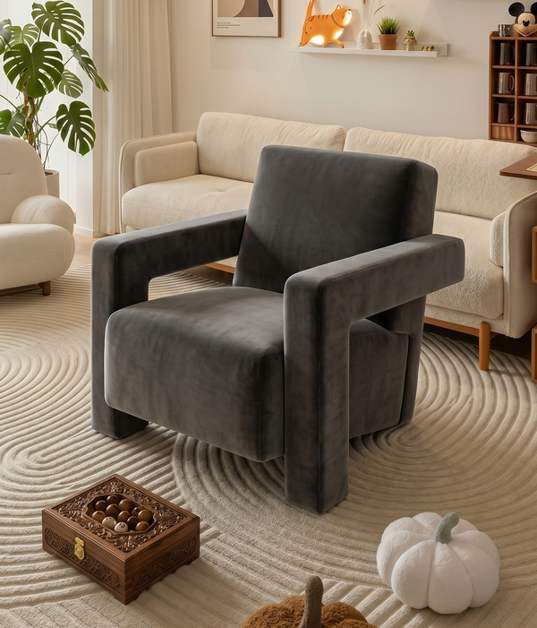 Modern Architectural Velvet Lounge Chair - Chunky Minimalist Accent Chair with Bold Geometric Frame - Charcoal Grey Brutalist Armchair for Living Room & Office