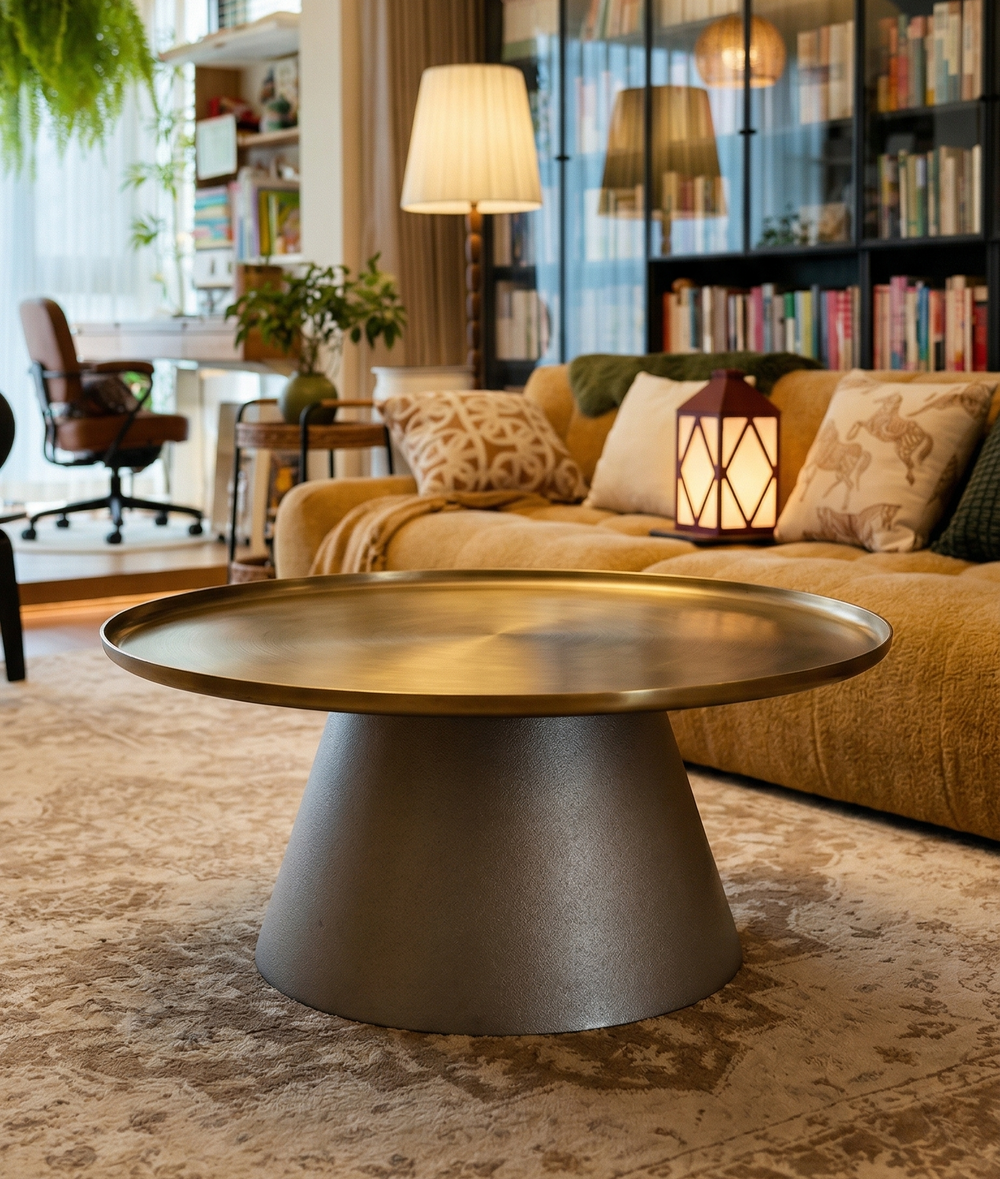 Modern Round Metal Coffee Table | Bicolor Antique Brass & Gunmetal Finish | Minimalist Pedestal Side Table with Tray Top