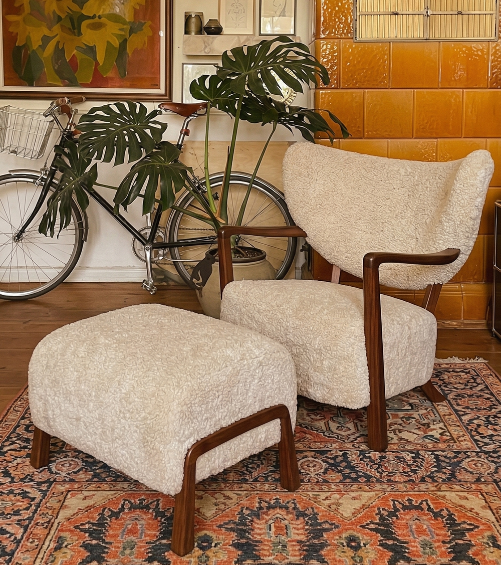 Scandinavian Upholstered Shearling Lounge Chair with Matching Ottoman