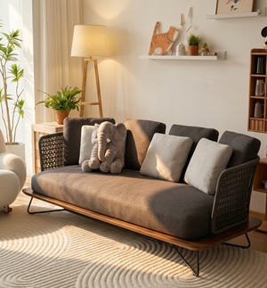Modern Woven Rope & Wood Platform Sofa - Minimalist 3-Seater Daybed - Organic Modern Indoor/Outdoor Couch with Slim Metal Legs - Charcoal & Teak Tones