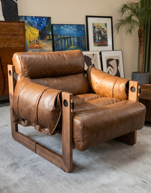 Modern Ash Wood Lounge Chair in Tobacco Oil Wax Leather - Architectural Accent Chair with Draped Armrests