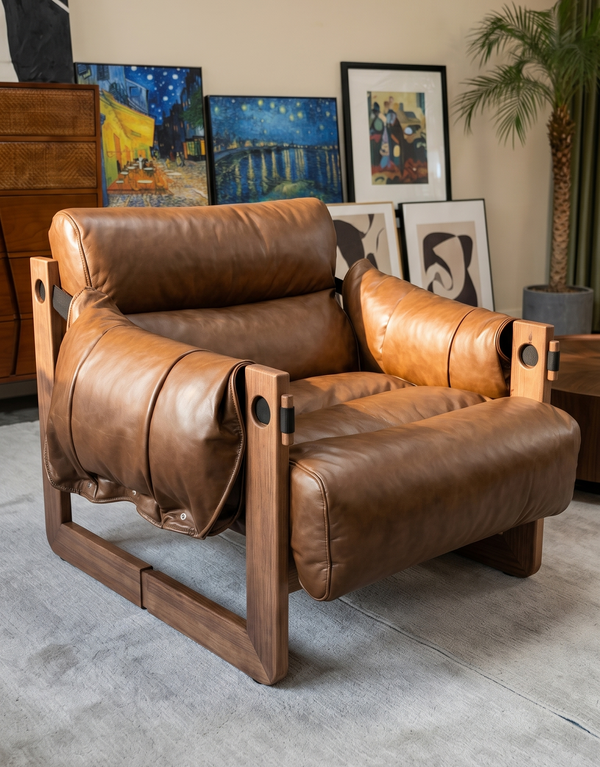 Modern Ash Wood Lounge Chair in Tobacco Oil Wax Leather - Architectural Accent Chair with Draped Armrests
