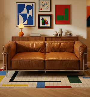 Modern Designer Leather Sofa, Genuine Leather Loveseat, Minimalist Office Sofa with Metal Frame, Cognac Tan Sofa for Living Room