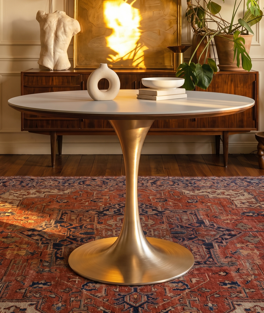 Mid-Century Modern Round Dining Table with Champagne Gold Tulip Base - Natural Wood Grain Pedestal Table - Minimalist Circular Kitchen Table for 2-4 People