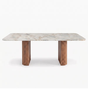 Modern Marble Dining Table with Fluted Oak Pedestal Base – Contemporary Rectangular Dining Table