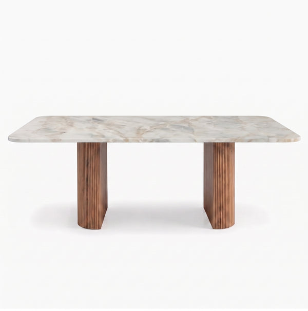 Modern Marble Dining Table with Fluted Oak Pedestal Base – Contemporary Rectangular Dining Table