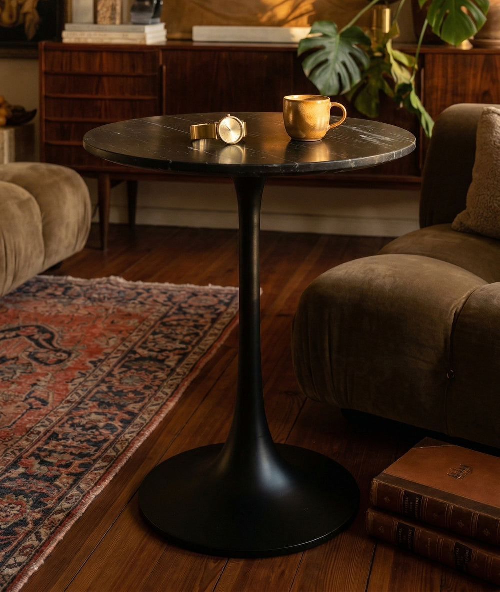 Mid-Century Modern Round Black Marble Side Table with Pedestal Tulip Base