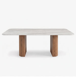 Modern Marble Dining Table with Fluted Oak Pedestal Base – Contemporary Rectangular Dining Table
