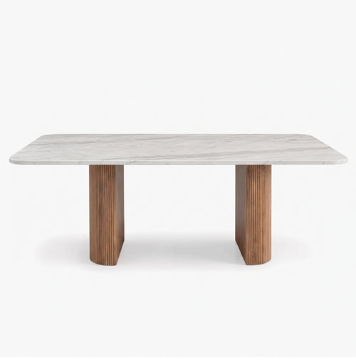 Modern Marble Dining Table with Fluted Oak Pedestal Base – Contemporary Rectangular Dining Table