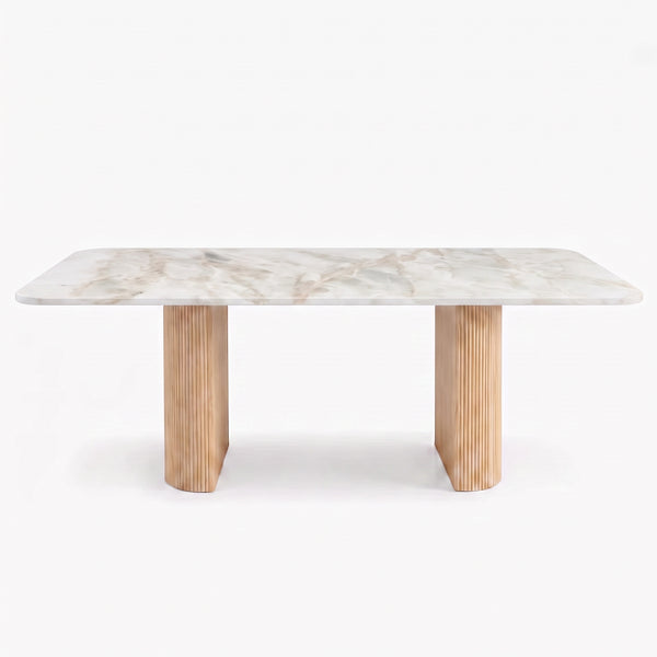 Modern Marble Dining Table with Fluted Oak Pedestal Base – Contemporary Rectangular Dining Table