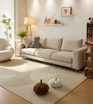 Serene Modern Upholstered 3-Seater Sofa | Minimalist Fabric Couch with Chrome Legs - Oatmeal Beige