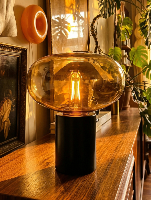 Glass Mushroom Table Lamp - Mid-Century Modern Bedside Light with Matte Black Base - Vintage Ambient Desktop Lighting for Bedroom, Living Room & Home Office