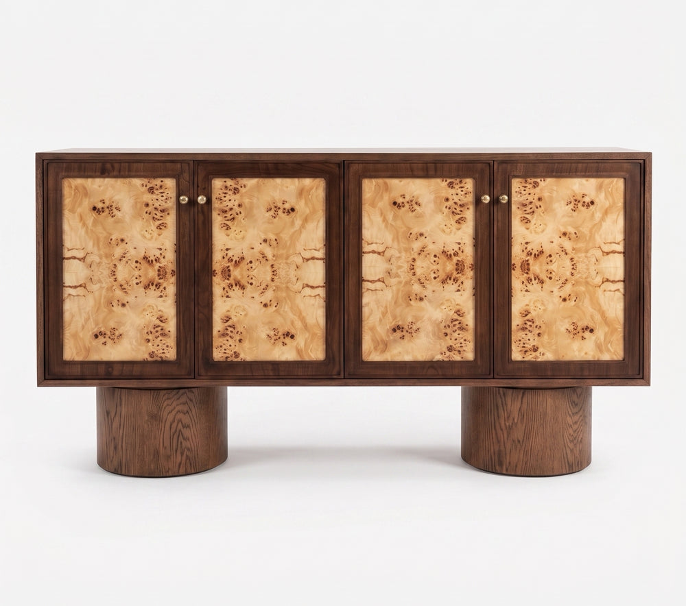 Contemporary Statement Console Cabinet with Natural Burl Wood Doors