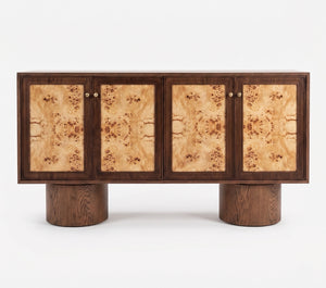 Contemporary Statement Console Cabinet with Natural Burl Wood Doors
