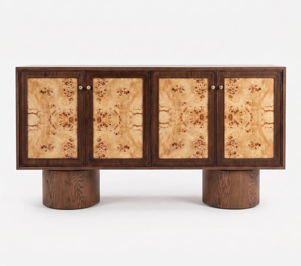 Contemporary Statement Console Cabinet with Natural Burl Wood Doors