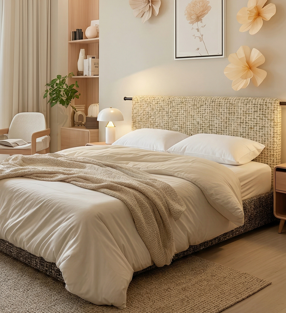 Modern Upholstered Platform Bed with Textured Fabric Headboard and Metal Rod Accent