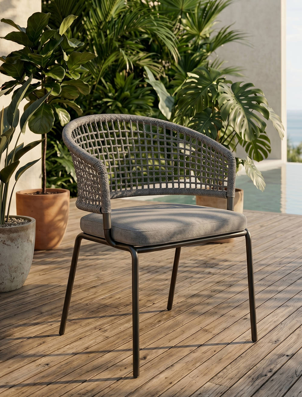 Modern Woven Rope Dining Chair - Minimalist Wrap-Around Armchair with Metal Legs - Contemporary Hand-Braided Bistro Chair for Kitchen, Dining Room & Patio