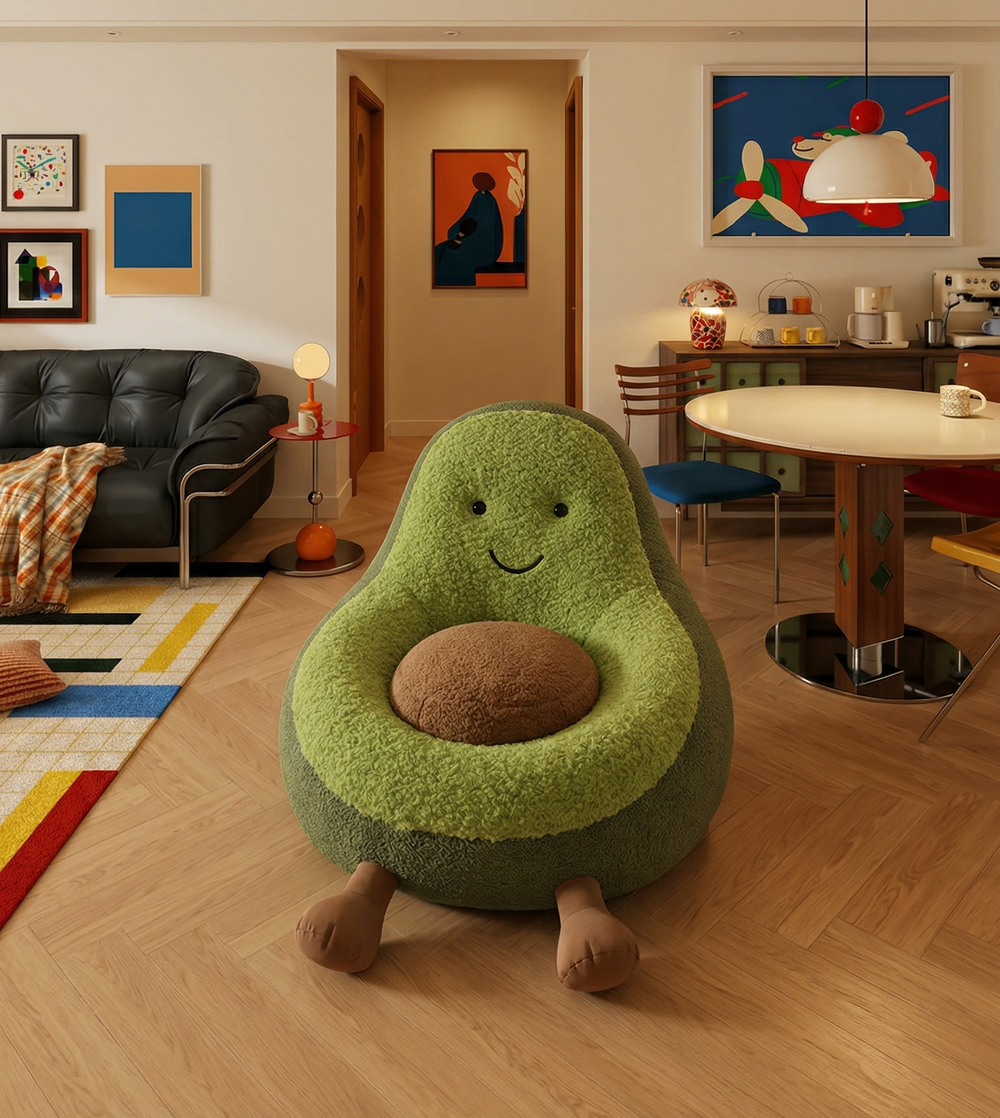 Kawaii Plush Avocado Floor Pillow - Soft Stuffed Fruit Cushion & Nursery Decor