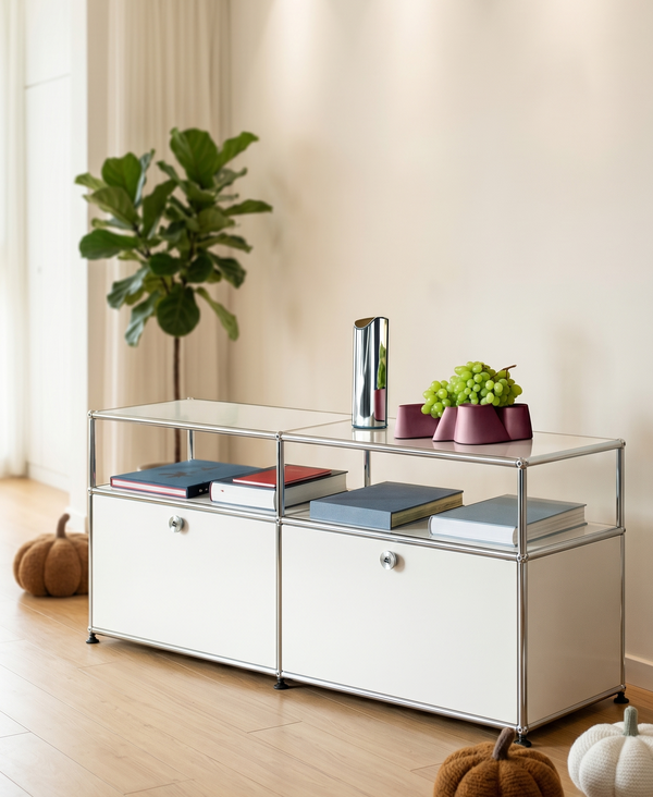 Modern White Modular Sideboard with Chrome Frame - 2-Tier Industrial Storage Cabinet with Drop-Down Doors - Minimalist Media Console & Credenza for Home Office