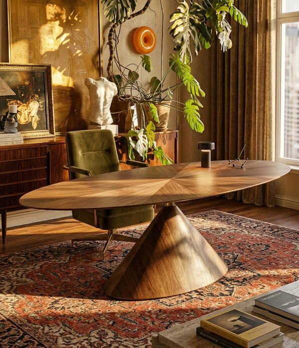 Sculptural Oval Walnut Coffee Table with Sunburst Veneer and Conical Base