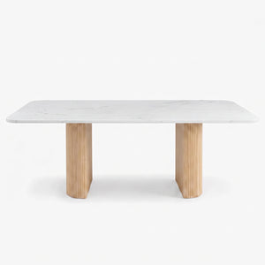 Modern Marble Dining Table with Fluted Oak Pedestal Base – Contemporary Rectangular Dining Table