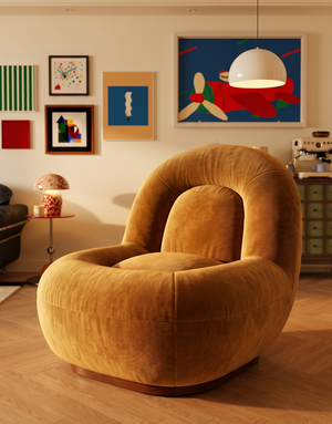 Orb Sculptural Rounded Velvet Lounge Chair - Modern Organic Swivel Armchair in Tobacco Ochre