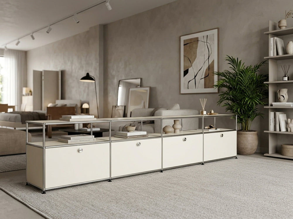 Modern Modular Lowboard TV Stand – 4-Bay Chrome Frame Media Console – Industrial Metal Sideboard with Drop-Down Doors