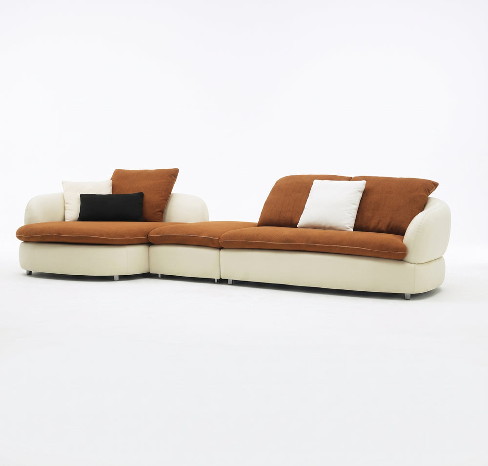 Modern Two-Tone Curved Sectional Sofa with Right Chaise - Orange Fabric & Cream Faux Leather（F039）
