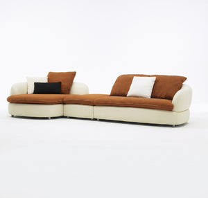 Modern Two-Tone Curved Sectional Sofa with Right Chaise - Orange Fabric & Cream Faux Leather（F039）