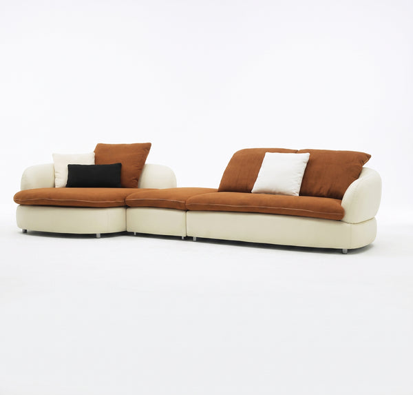 Modern Two-Tone Curved Sectional Sofa with Right Chaise - Orange Fabric & Cream Faux Leather（F039）