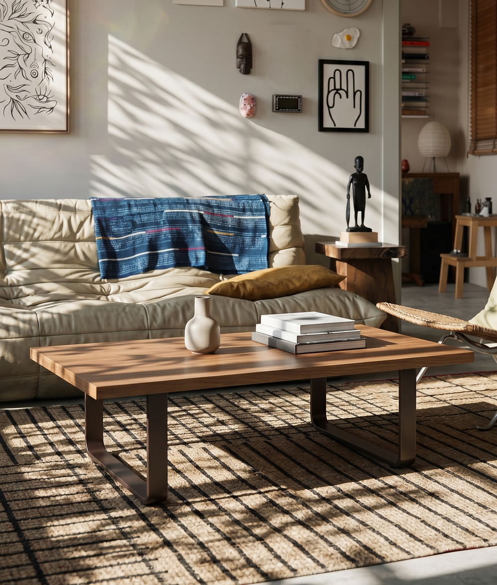 Modern Walnut Wood Coffee Table | Minimalist Center Table with U-Shaped Metal Legs for Living Room