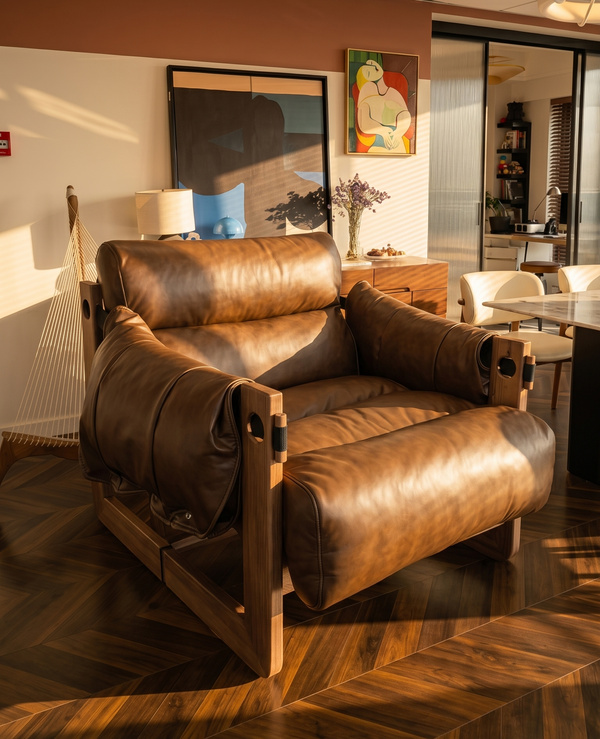 Modern Ash Wood Lounge Chair in Tobacco Oil Wax Leather - Architectural Accent Chair with Draped Armrests