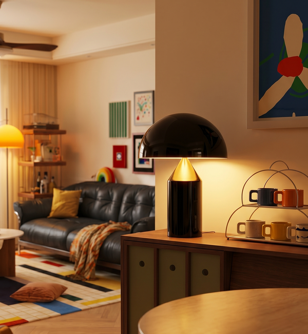 Modern Mid-Century Mushroom Table Lamp | Glossy Black & Gold Metal Desk Light for Bedside & Living Room
