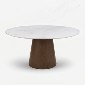 Modern Luxury Round White Marble Dining Table with Solid Wood Pedestal Base