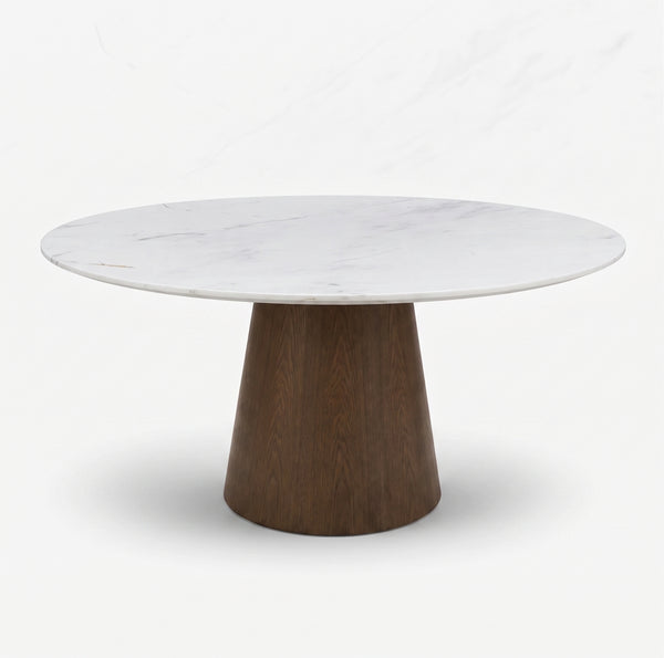 Modern Luxury Round White Marble Dining Table with Solid Wood Pedestal Base