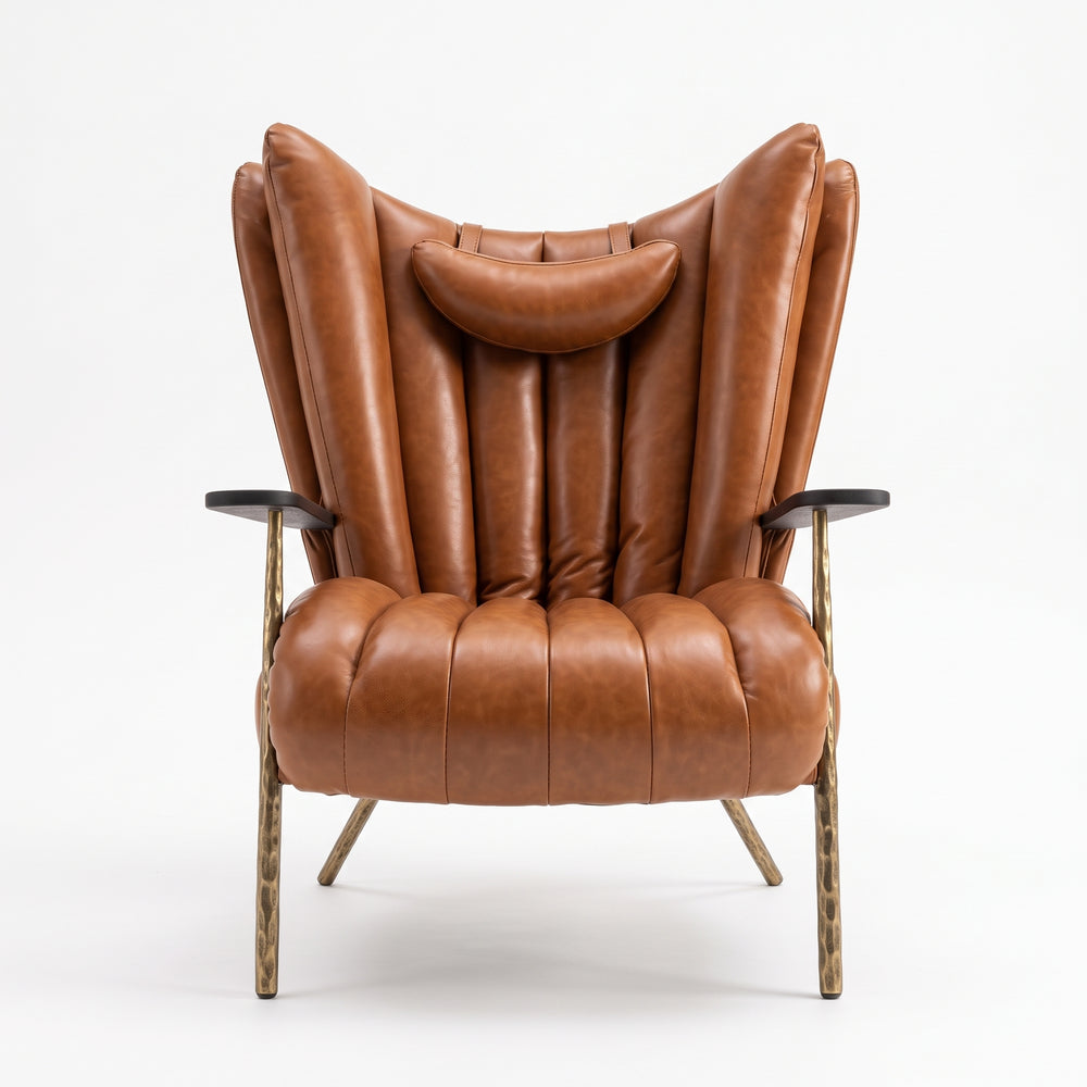 Retro Channel-Tufted Leather Match Wingback Chair, Vintage Reading Chair with Hammered Brass Legs