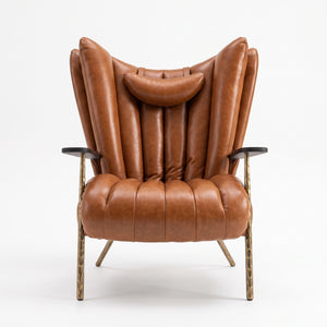 Retro Channel-Tufted Leather Match Wingback Chair, Vintage Reading Chair with Hammered Brass Legs