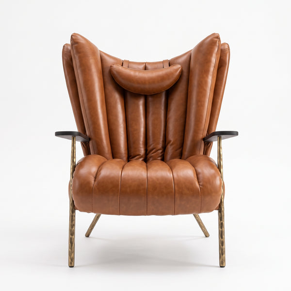 Retro Channel-Tufted Leather Match Wingback Chair, Vintage Reading Chair with Hammered Brass Legs
