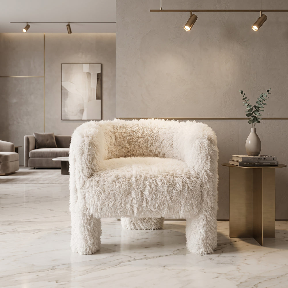 Fluffy Faux Fur Accent Chair, Modern Cream Fuzzy Barrel Chair for Living Room & Bedroom