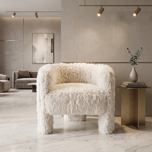 Fluffy Faux Fur Accent Chair, Modern Cream Fuzzy Barrel Chair for Living Room & Bedroom