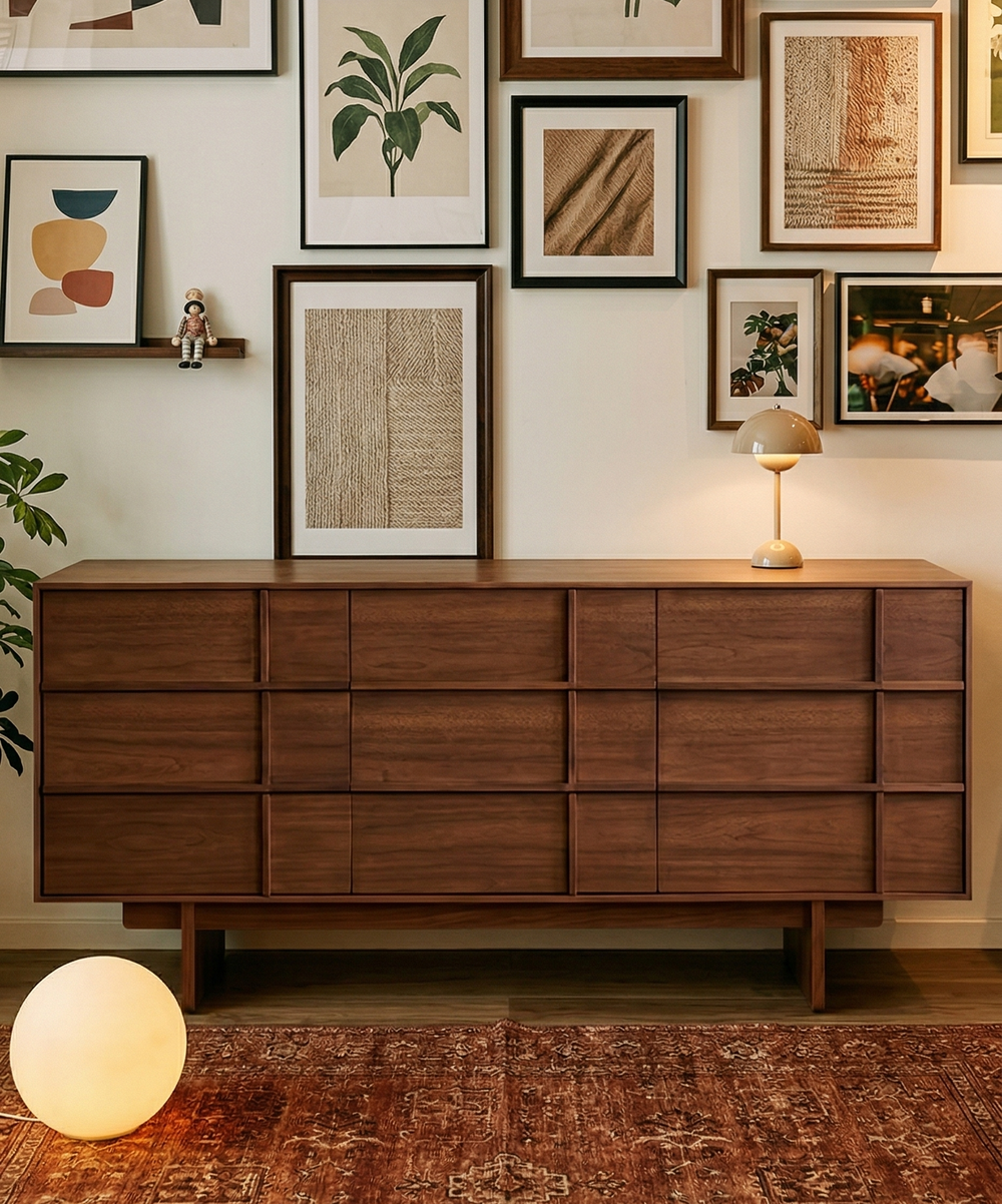 Architectural Walnut 6-Drawer Dresser with Grid-Paneled Front – Mid-Century Modern Credenza