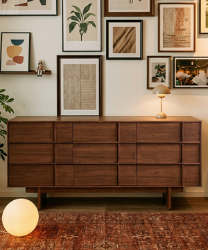 Architectural Walnut 6-Drawer Dresser with Grid-Paneled Front – Mid-Century Modern Credenza