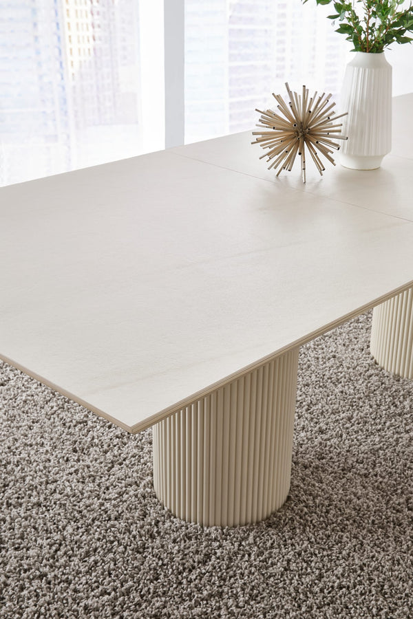 Cannon Stone Top Double Pedestal Extension Dining Table with Ivory Wood Base