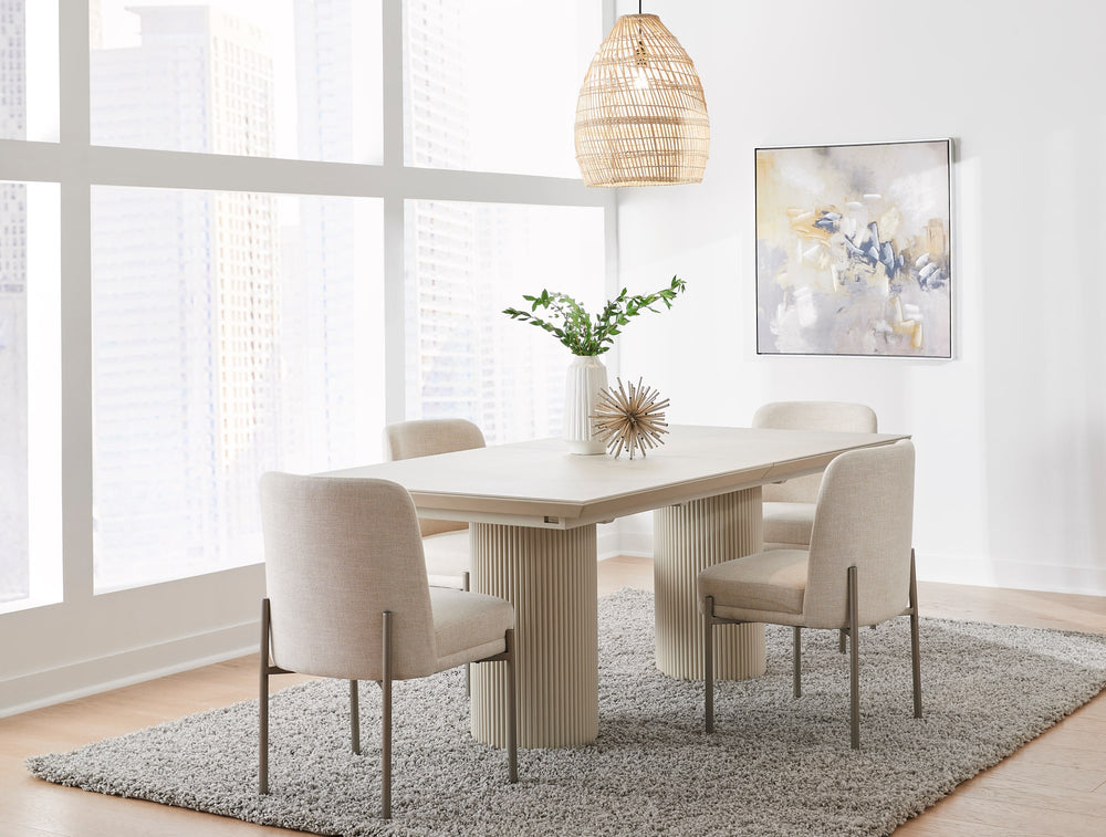 Cannon Stone Top Double Pedestal Extension Dining Table with Ivory Wood Base