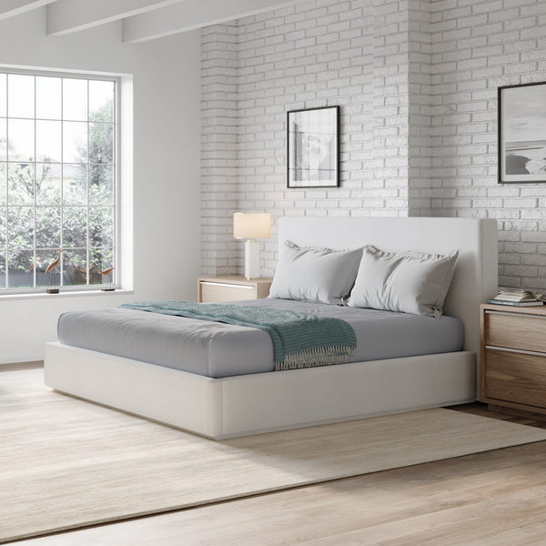 One Modern Upholstered Platform Bed in Pearl