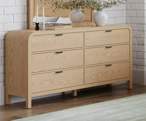 Natural Oak 6-Drawer Double Dresser | Modern Wood Sideboard with Rounded Corners
