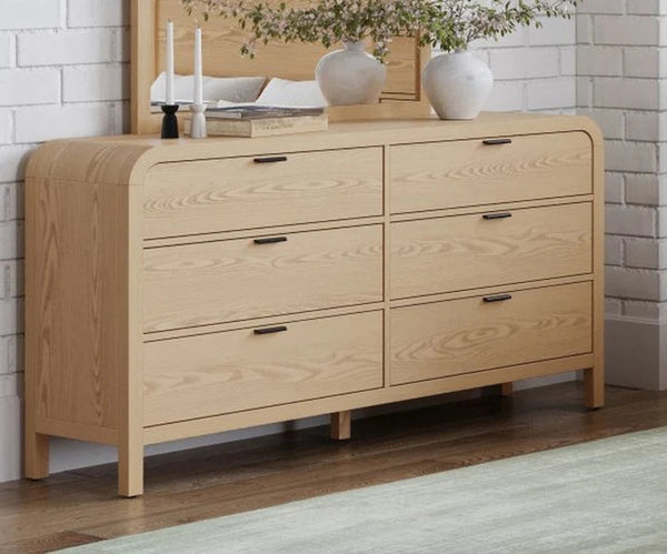 Natural Oak 6-Drawer Double Dresser | Modern Wood Sideboard with Rounded Corners