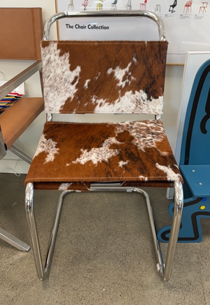 Mid-Century Modern Cantilever Chair in Genuine Cowhide – Chrome Bauhaus Dining Chair with Pony Hair