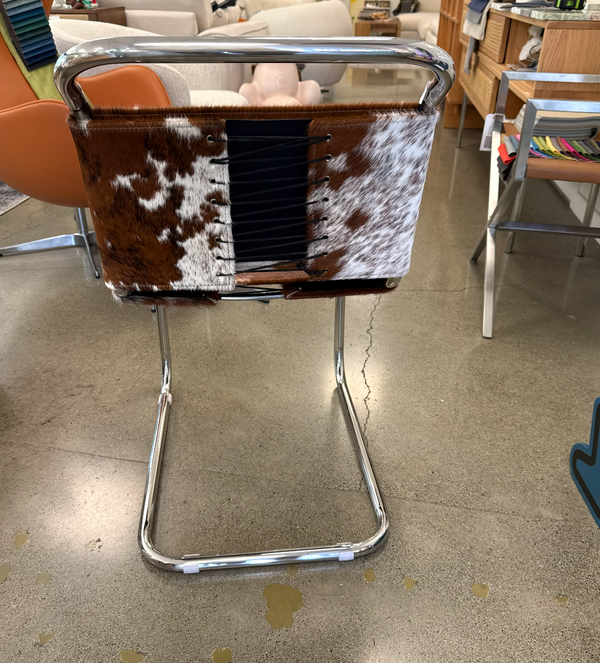 Mid-Century Modern Cantilever Chair in Genuine Cowhide – Chrome Bauhaus Dining Chair with Pony Hair